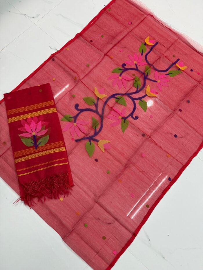 Premium Muslin Unstitched Suite with Handwoven Floral Vine & Tasseled Dupatta