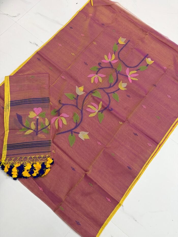 Premium Muslin Unstitched Suite with Handwoven Floral Vine & Tasseled Dupatta