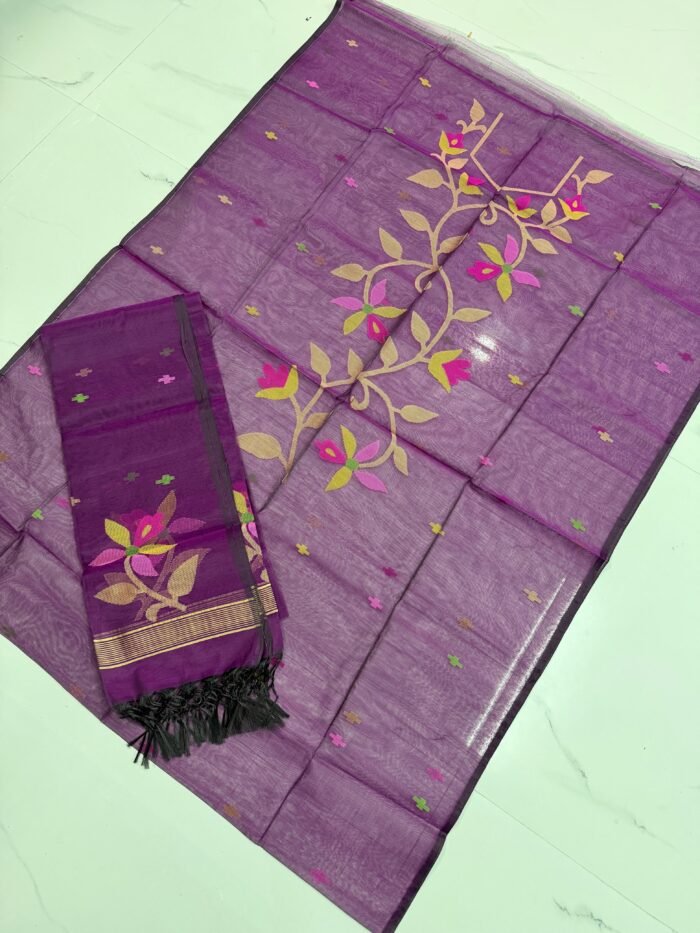 Premium Muslin Unstitched Suite with Handwoven Floral Vine & Tasseled Dupatta