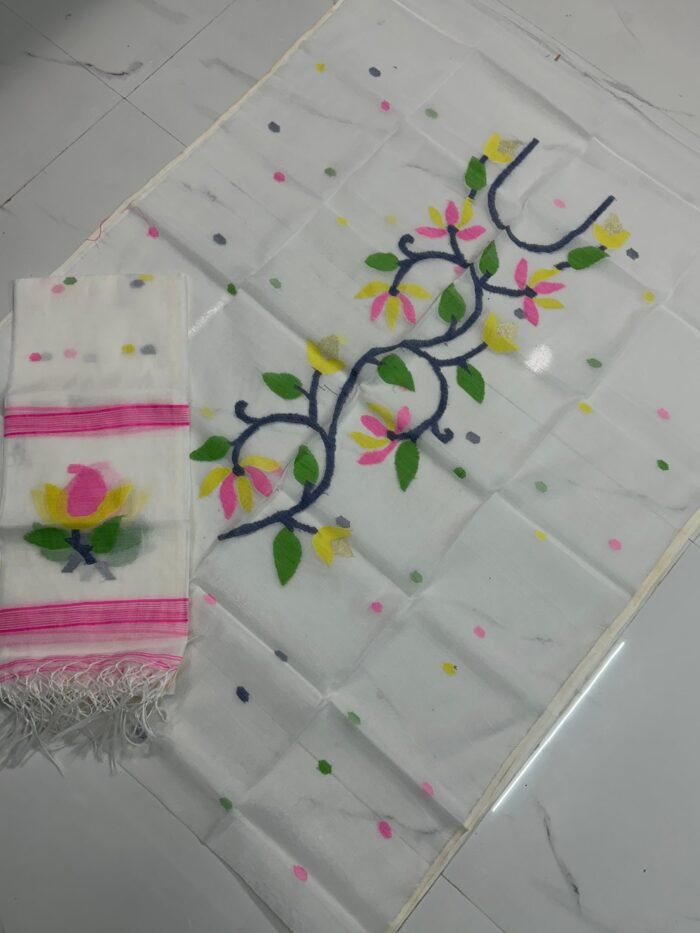 Premium Muslin Unstitched Suite with Handwoven Floral Vine & Tasseled Dupatta