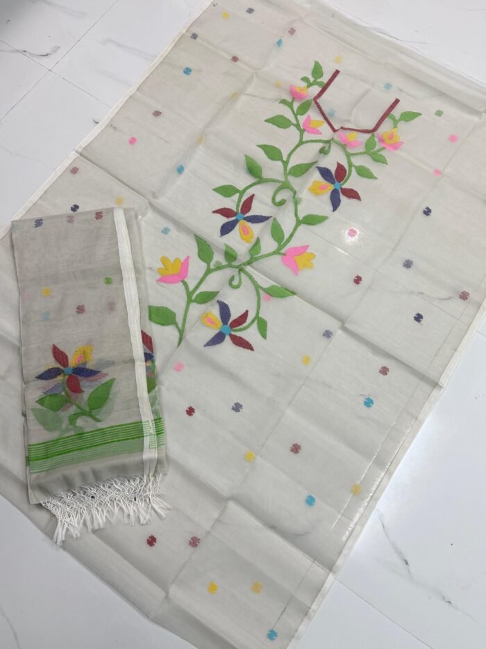 Premium Muslin Unstitched Suite with Handwoven Floral Vine & Tasseled Dupatta