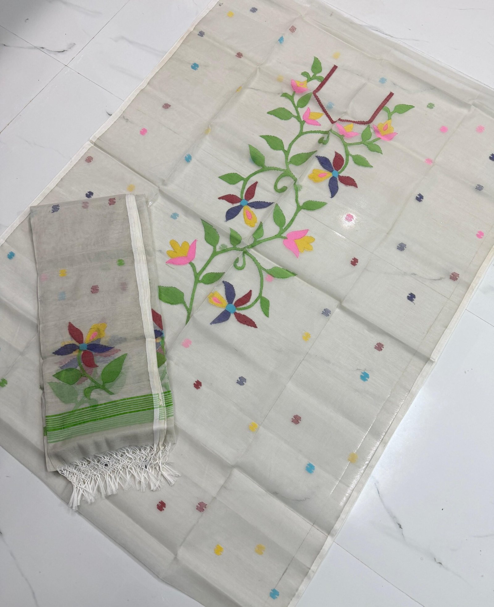 Premium Muslin Unstitched Suite with Handwoven Floral Vine & Tasseled Dupatta