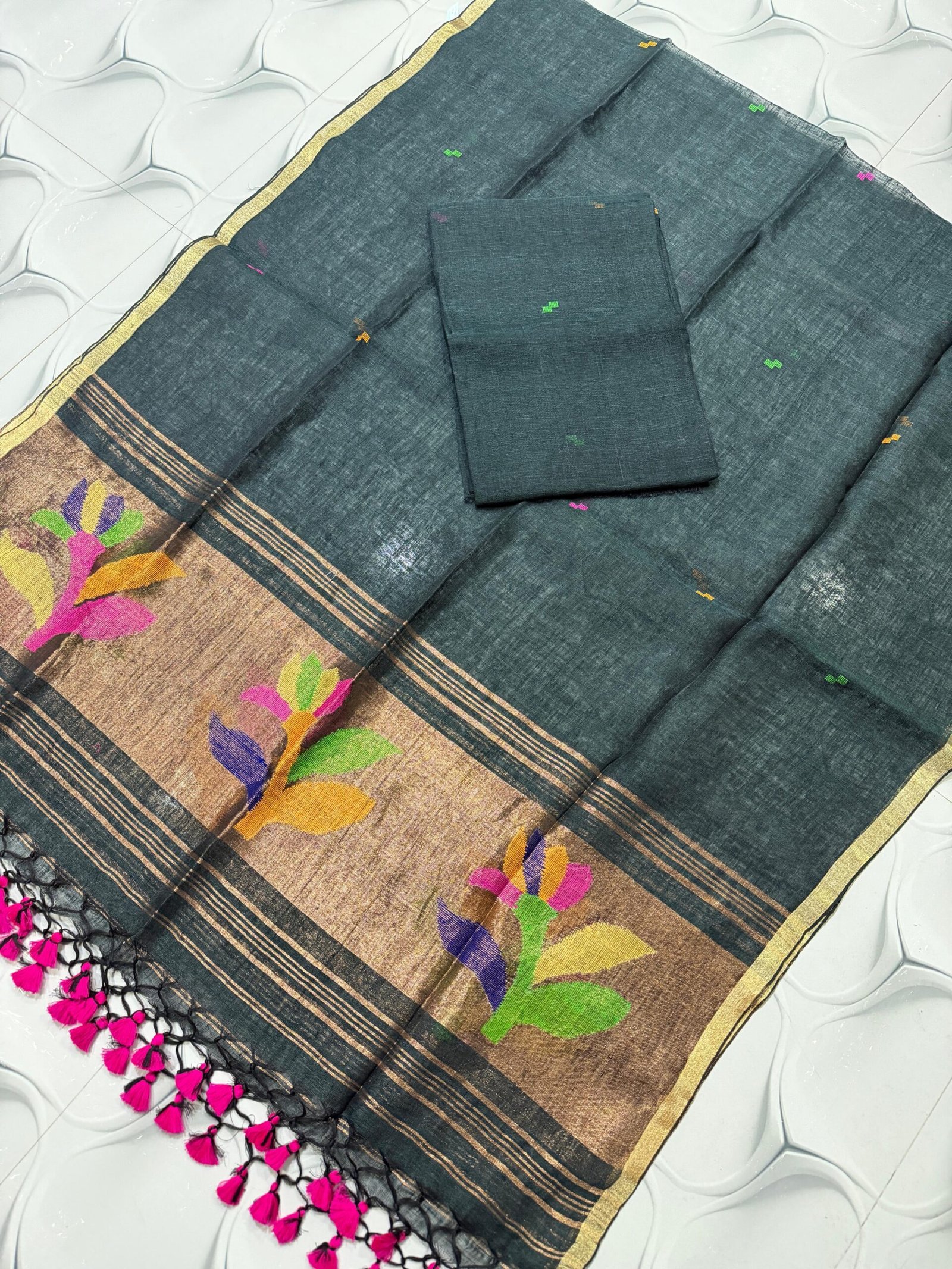 Premium Linen Unstitched Suite with Traditional Paithani-Style