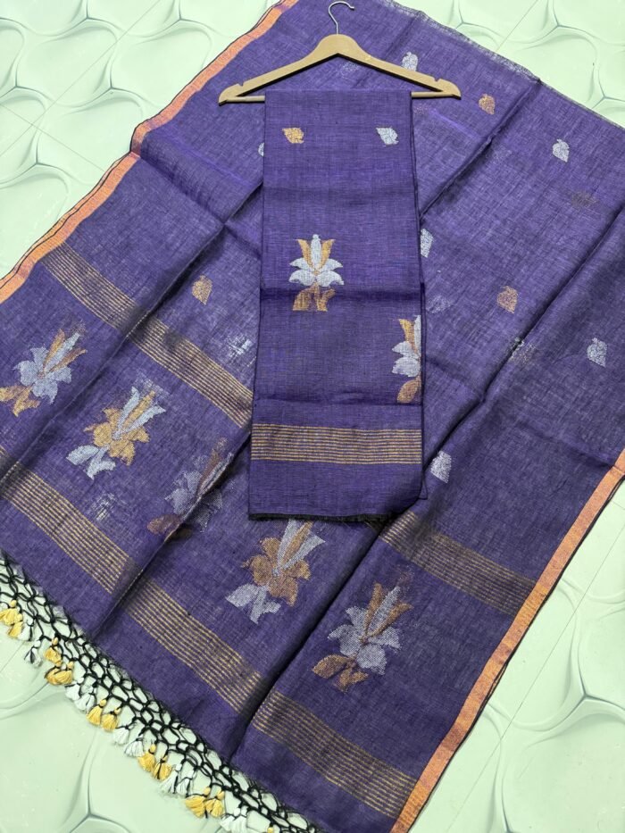 Premium Linen Unstitched Suite with Silver-Tone Floral Artistry & Zari Accents