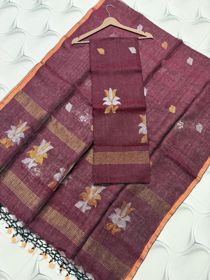 Premium Linen Unstitched Suite with Silver-Tone Floral Artistry & Zari Accents
