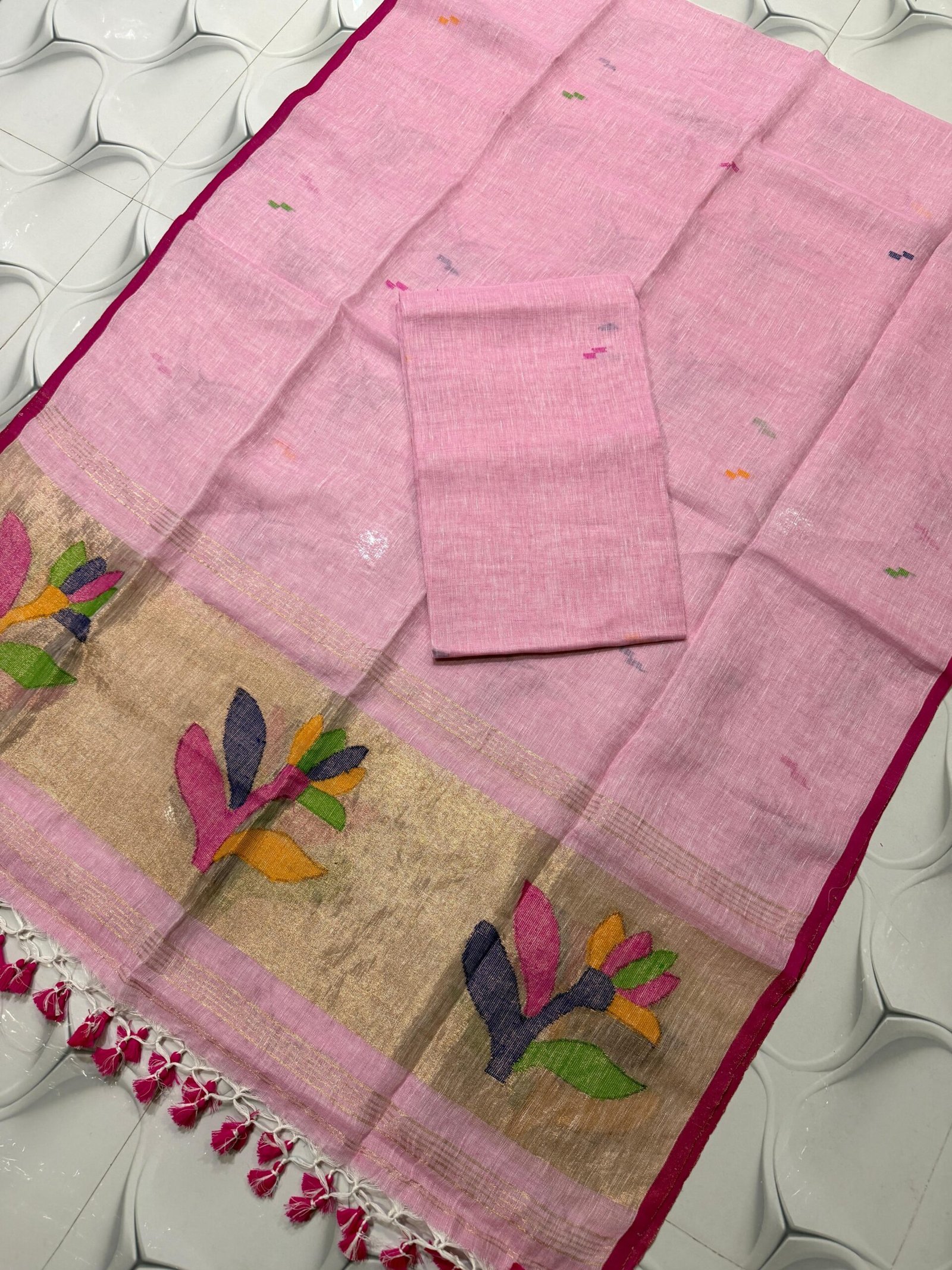 Premium Linen Unstitched Suite with Traditional Paithani-Style