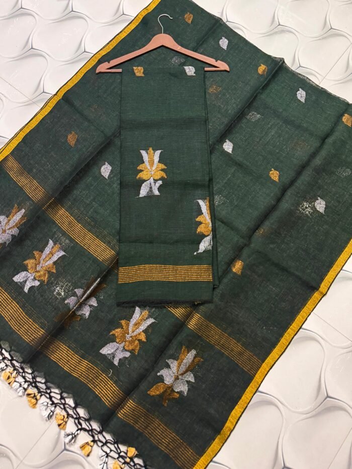 Premium Linen Unstitched Suite with Silver-Tone Floral Artistry & Zari Accents