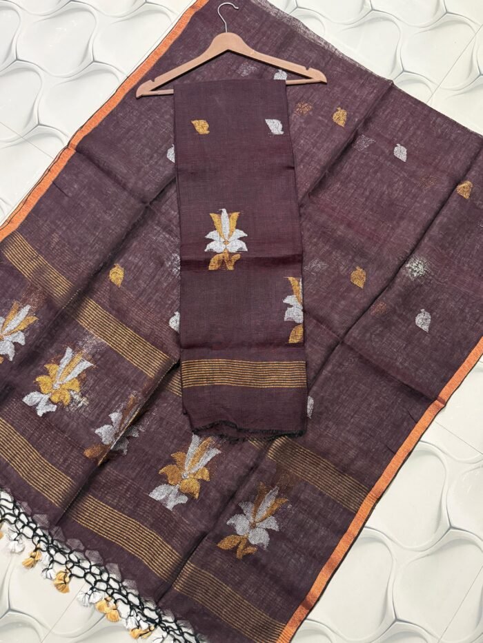 Premium Linen Unstitched Suite with Silver-Tone Floral Artistry & Zari Accents