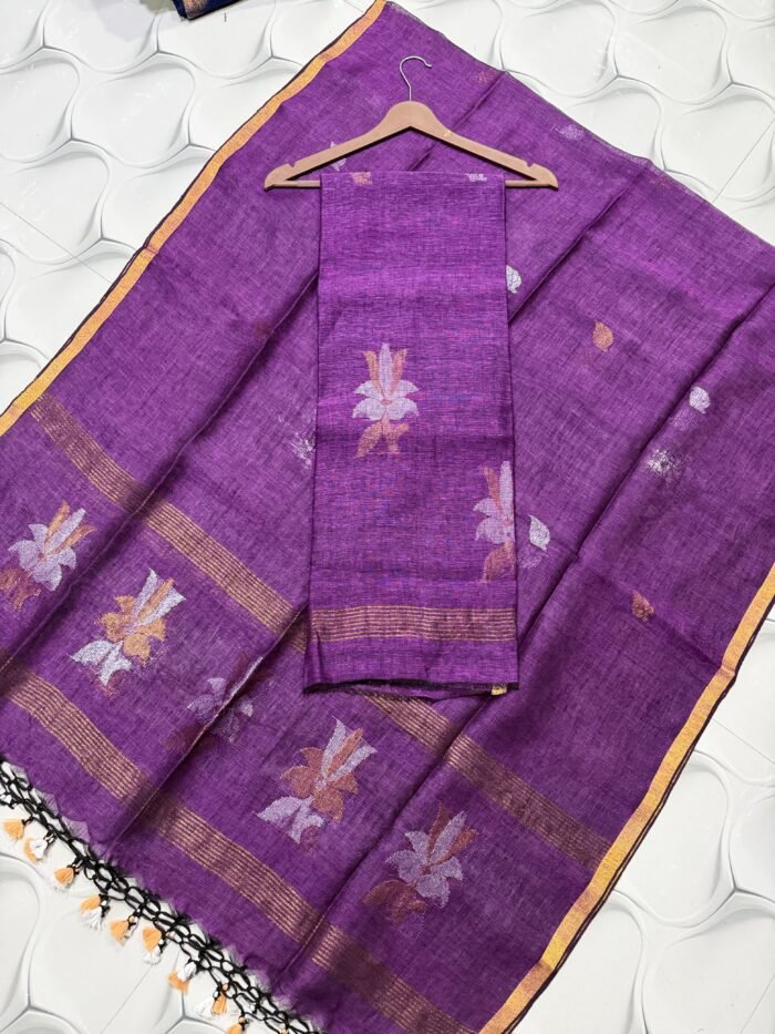 Premium Linen Unstitched Suite with Silver-Tone Floral Artistry & Zari Accents