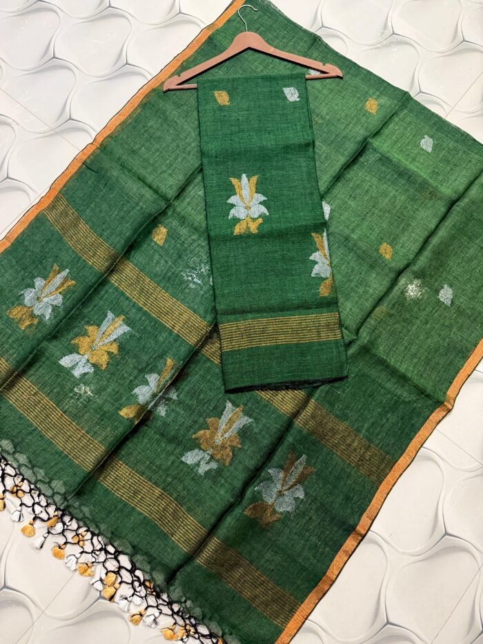Premium Linen Unstitched Suite with Silver-Tone Floral Artistry & Zari Accents