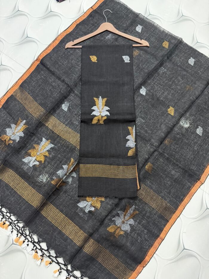 Premium Linen Unstitched Suite with Silver-Tone Floral Artistry & Zari Accents