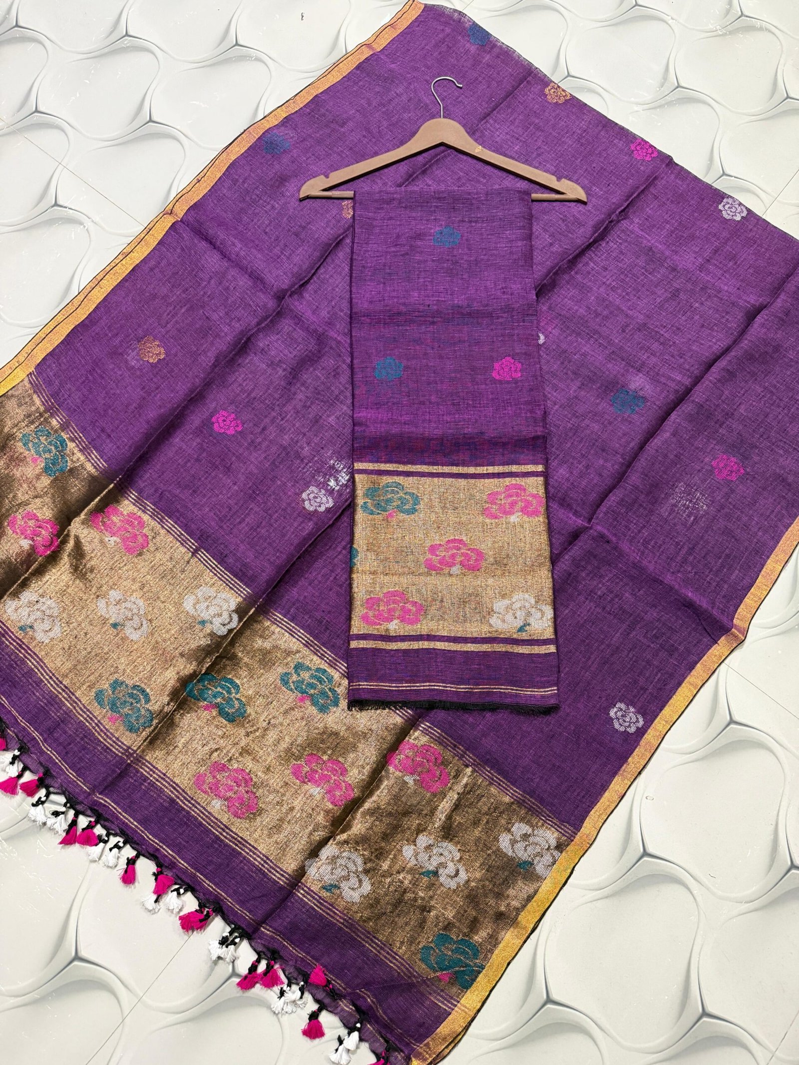 Premium Linen Unstitched Suite with Traditional Paithani-Style