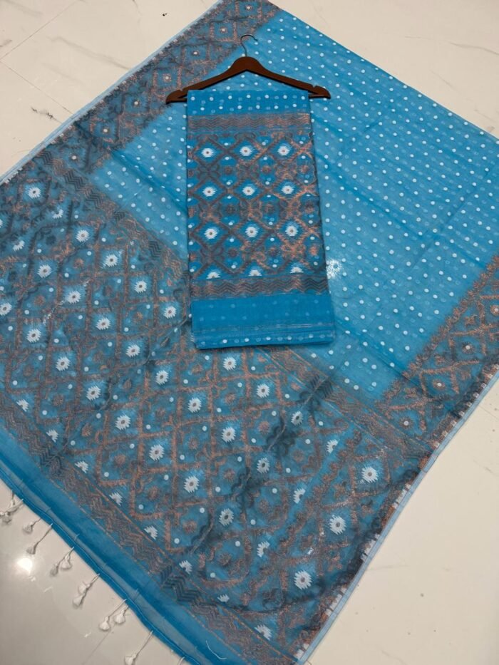 Premium Handwoven Jamdani Cotton Unstitched Suite with Geometric Copper Motifs