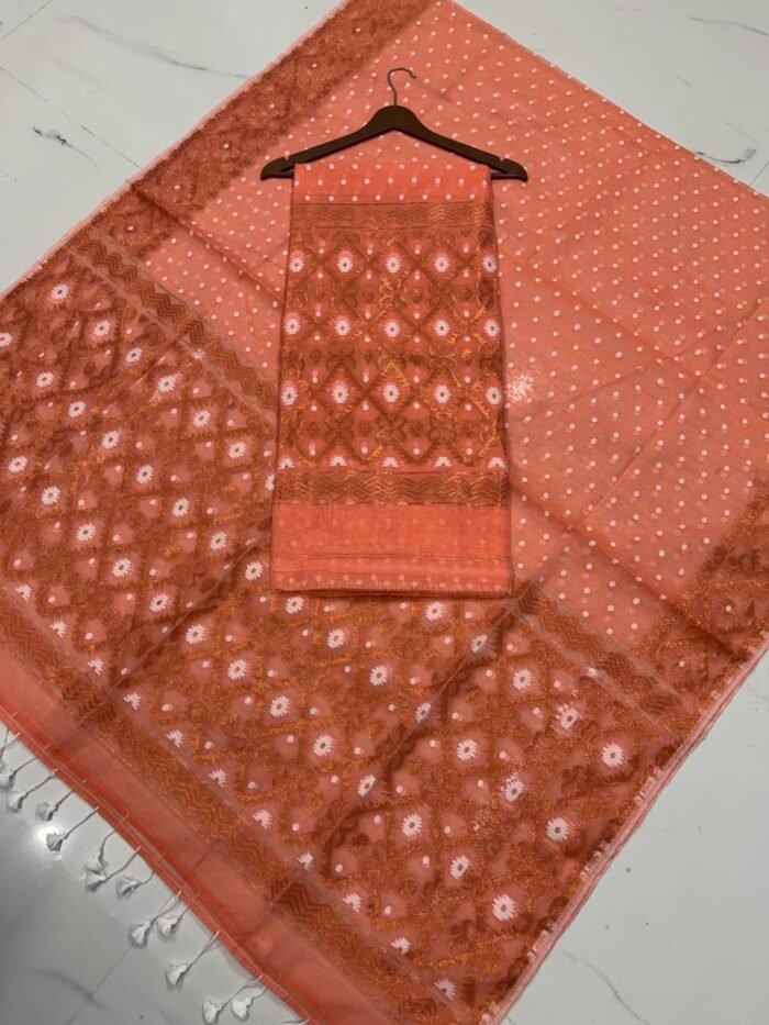 Premium Handwoven Jamdani Cotton Unstitched Suite with Geometric Copper Motifs