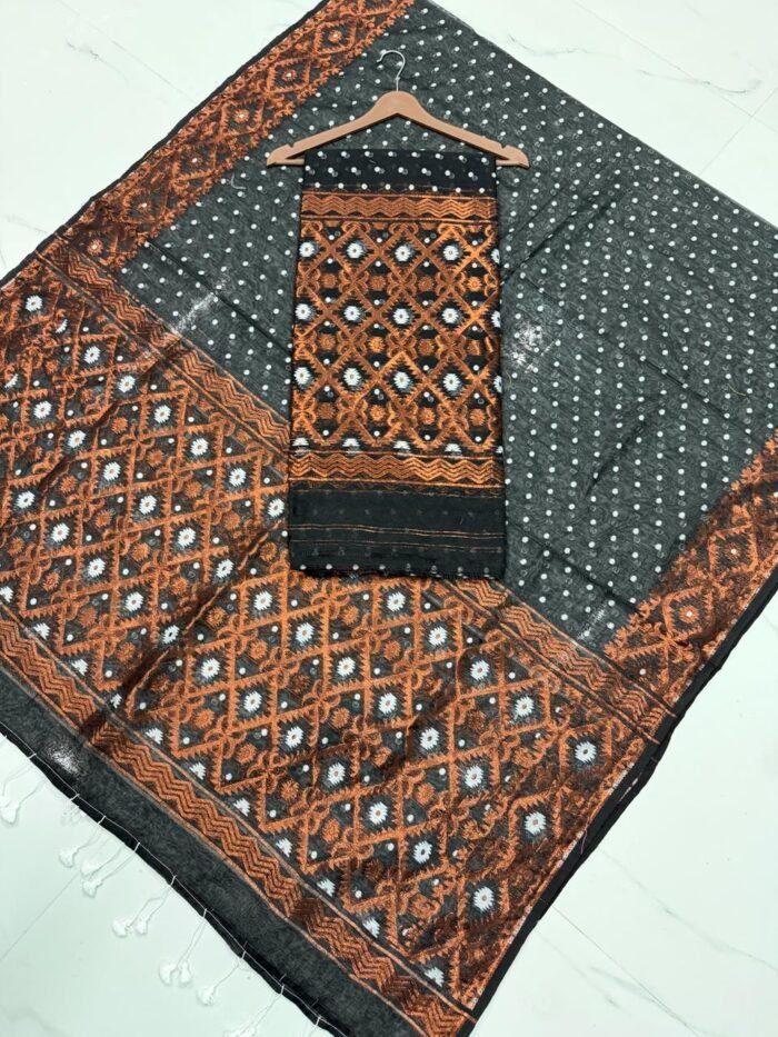 Premium Handwoven Jamdani Cotton Unstitched Suite with Geometric Copper Motifs