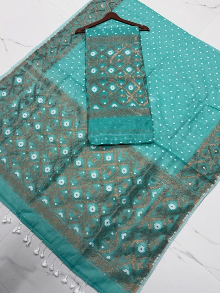Premium Handwoven Jamdani Cotton Unstitched Suite with Geometric Copper Motifs