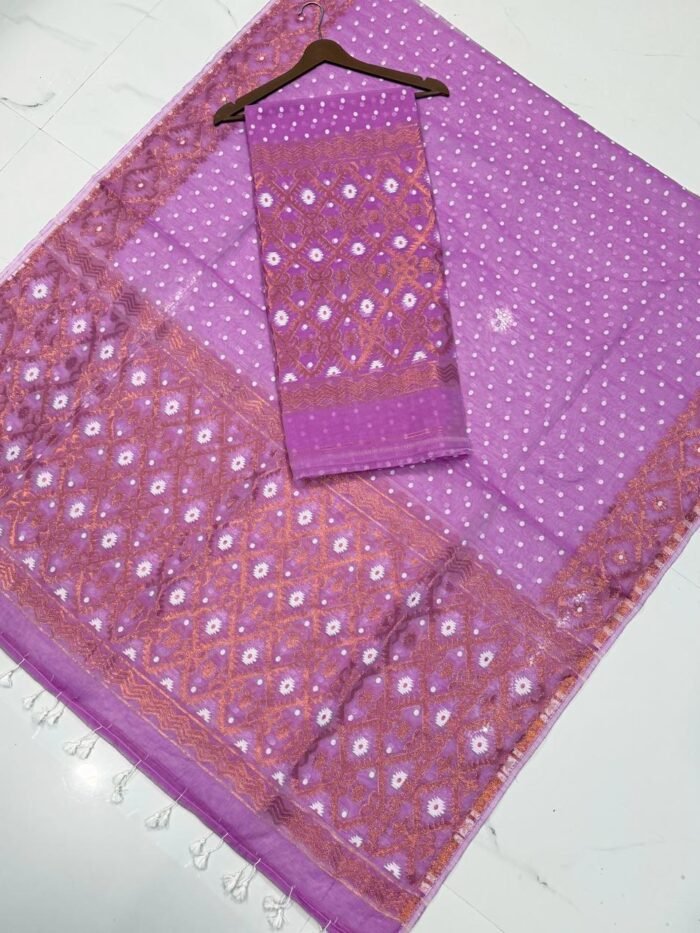 Premium Handwoven Jamdani Cotton Unstitched Suite with Geometric Copper Motifs