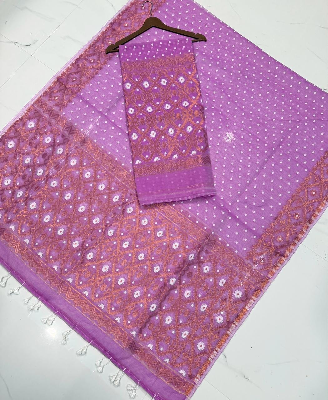 Premium Handwoven Jamdani Cotton Unstitched Suite with Geometric Copper Motifs