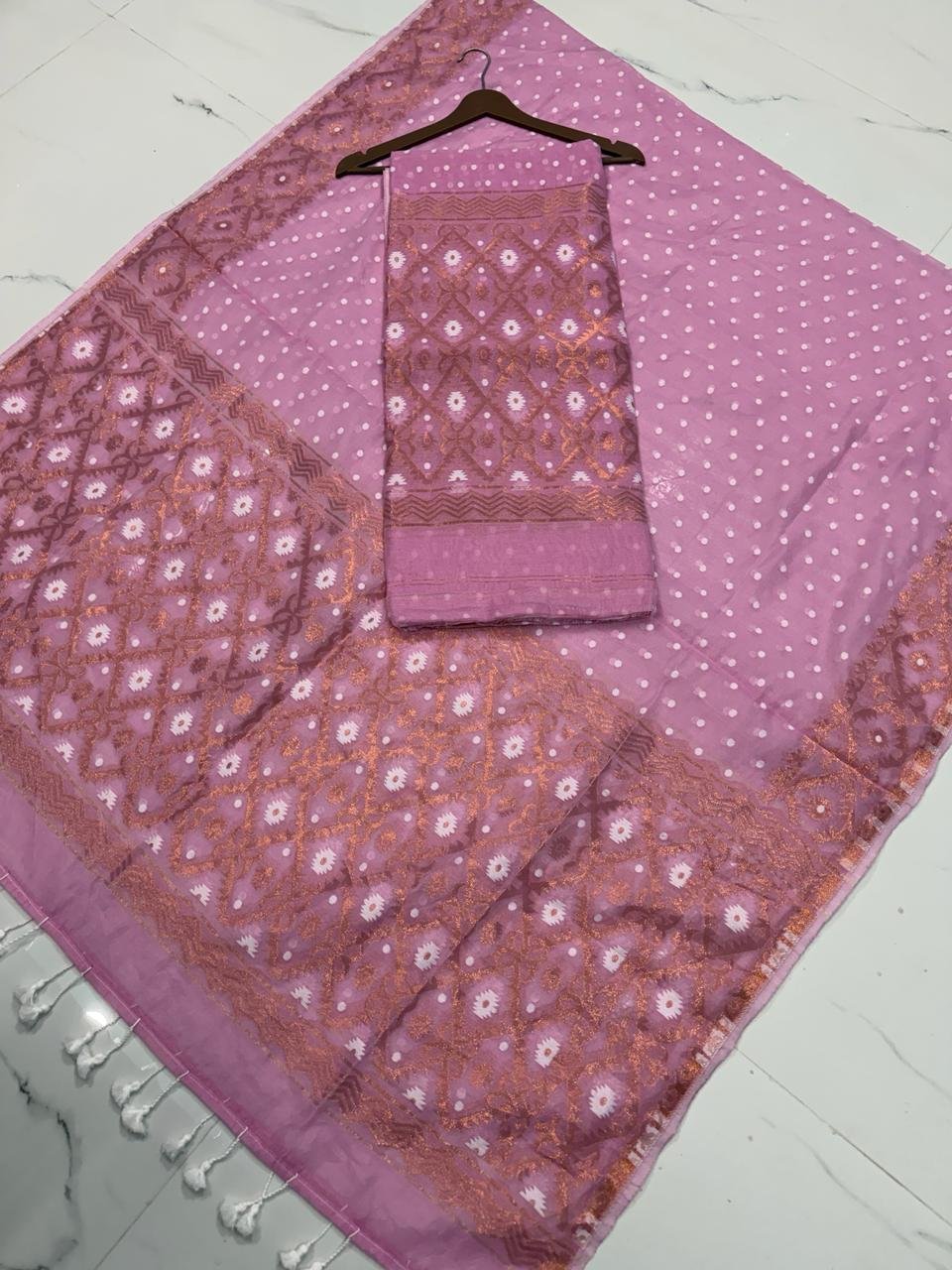 Premium Handwoven Jamdani Cotton Unstitched Suite with Geometric Copper Motifs