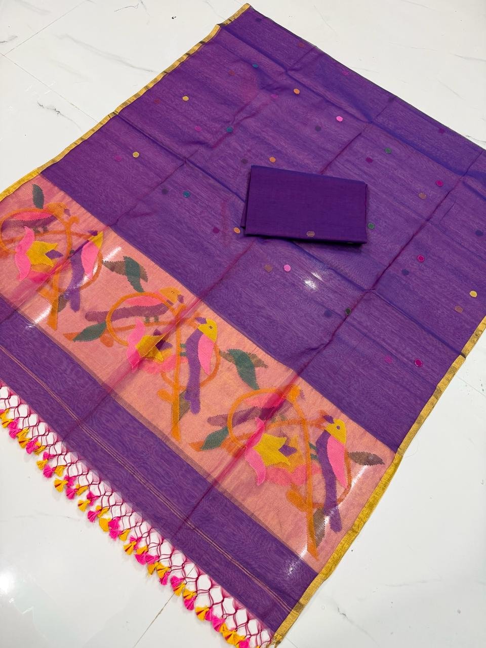 Premium Muslin Unstitched Suite with Avian Jamdani Artistry & Metallic Borders