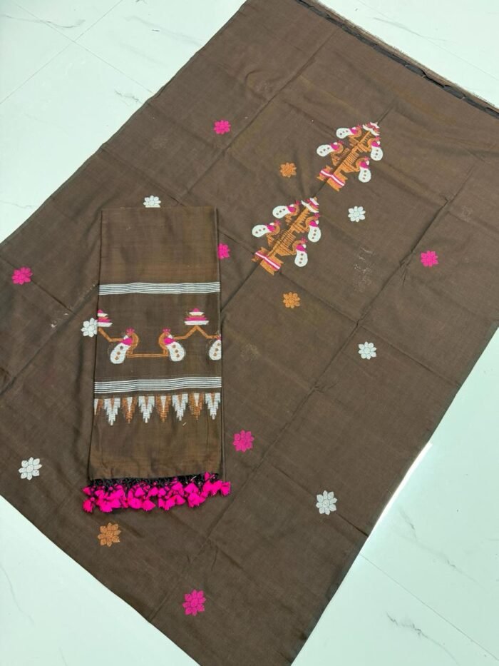 Premium Handwoven Cotton Unstitched Suite with Traditional Temple Borders & Figural Motifs