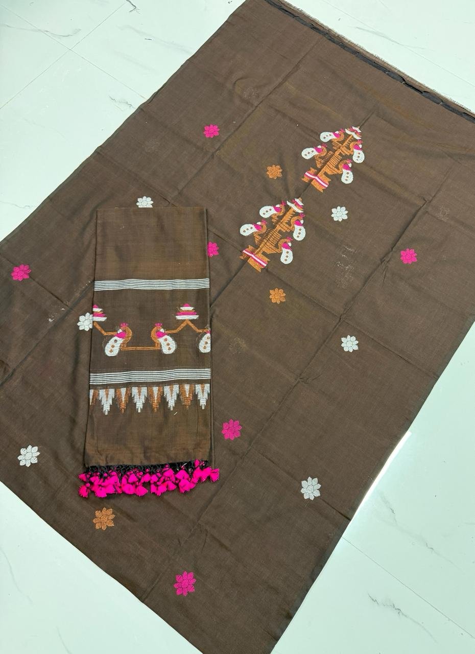 Premium Handwoven Cotton Unstitched Suite with Traditional Temple Borders & Figural Motifs