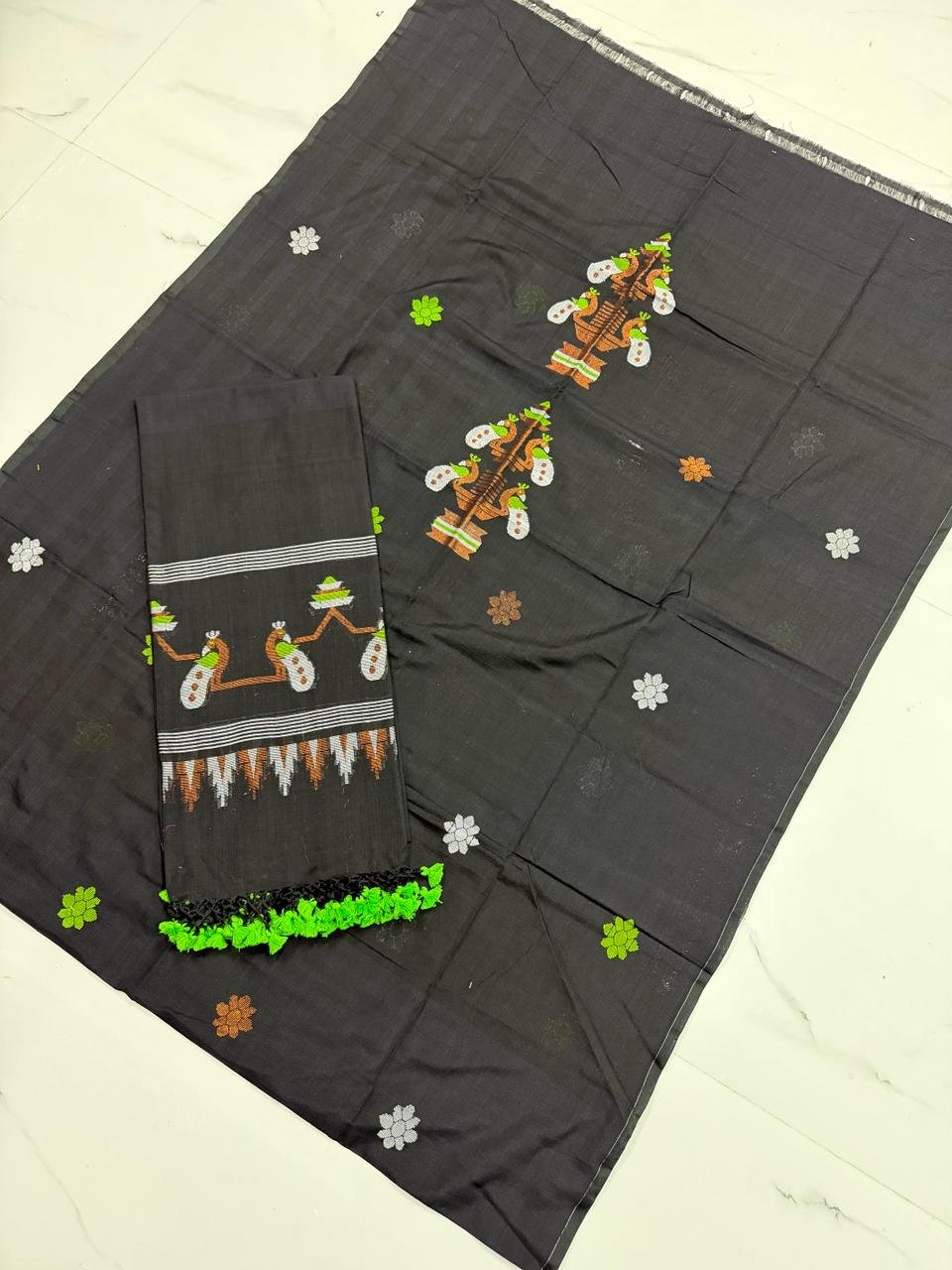 Premium Handwoven Cotton Unstitched Suite with Traditional Temple Borders & Figural Motifs