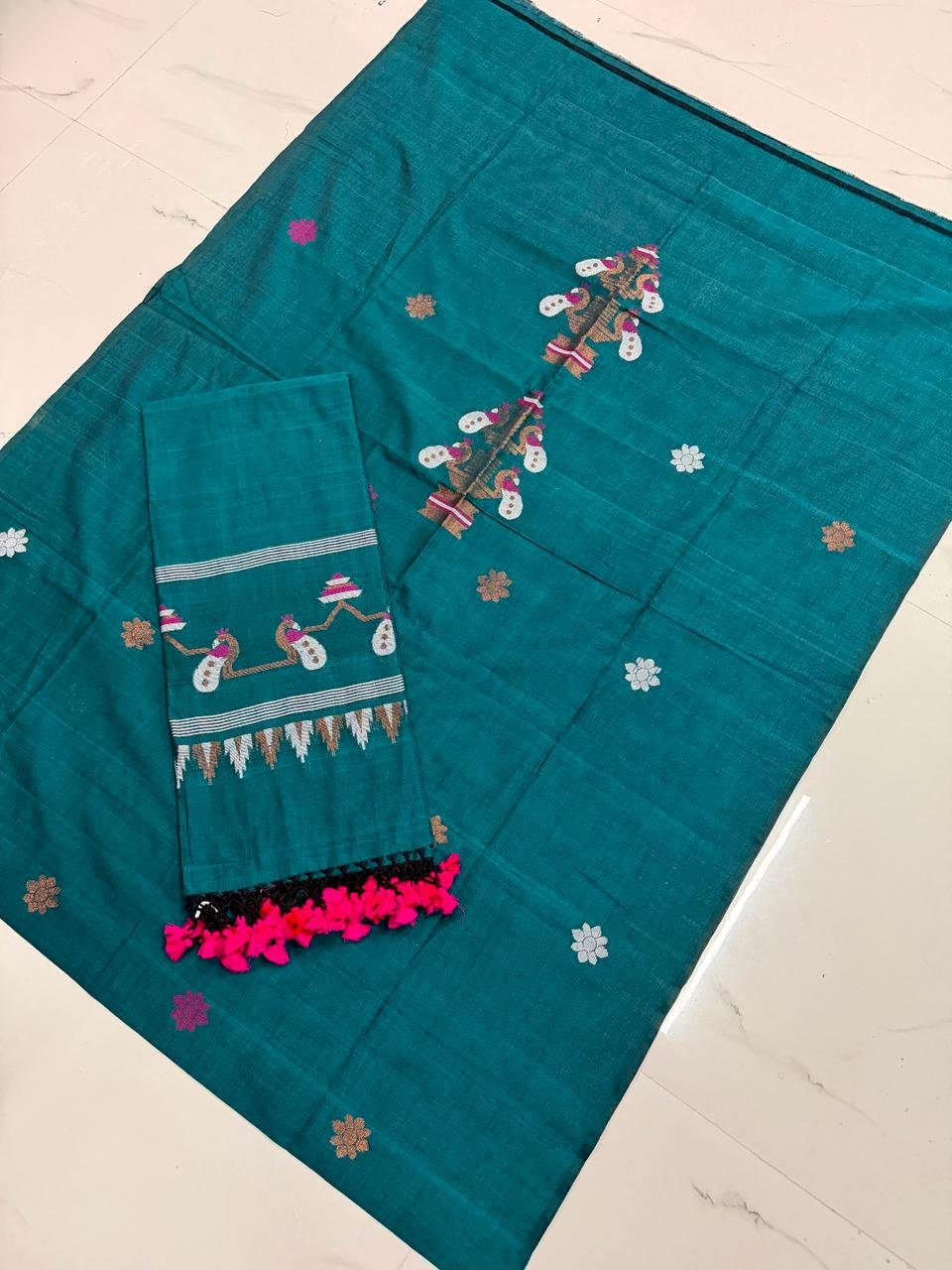 Premium Handwoven Cotton Unstitched Suite with Traditional Temple Borders & Figural Motifs