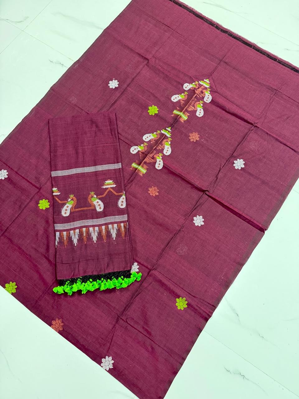 Premium Handwoven Cotton Unstitched Suite with Traditional Temple Borders & Figural Motifs