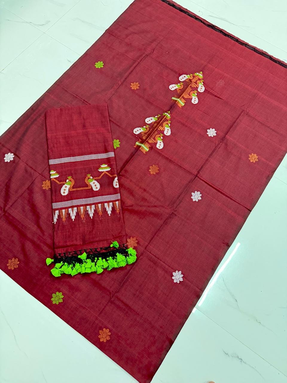 Premium Handwoven Cotton Unstitched Suite with Traditional Temple Borders & Figural Motifs