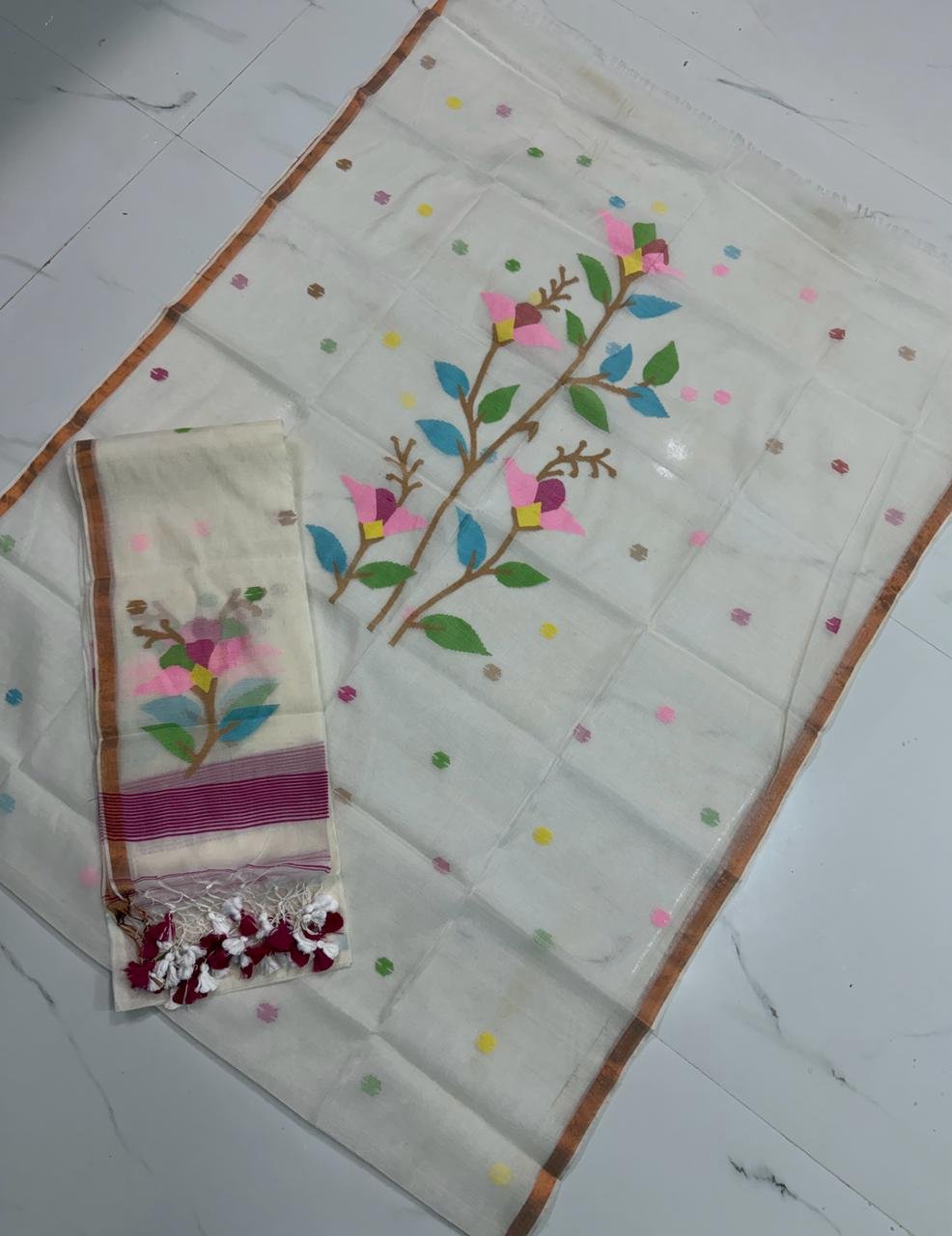 Premium Muslin Unstitched Suite with Multi-Colored Floral Vine Jamdani