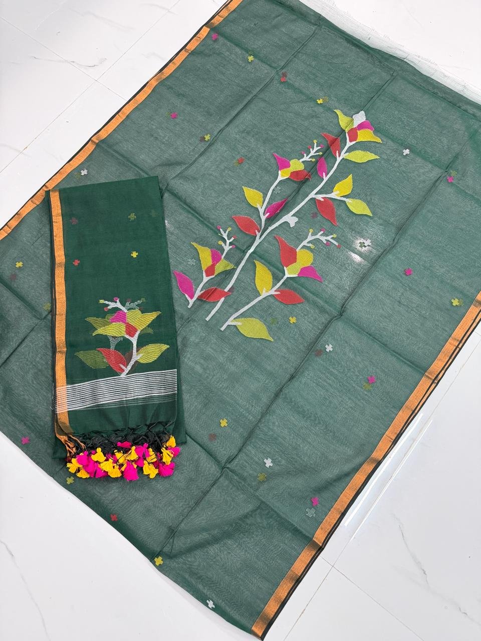 Premium Muslin Unstitched Suite with Multi-Colored Floral Vine Jamdani