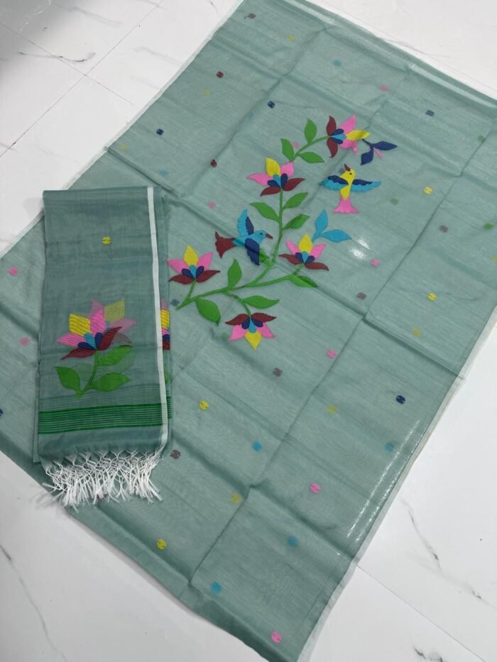 Premium Muslin Unstitched Suite with Avian Floral Jamdani & Shimmering Gold Borders