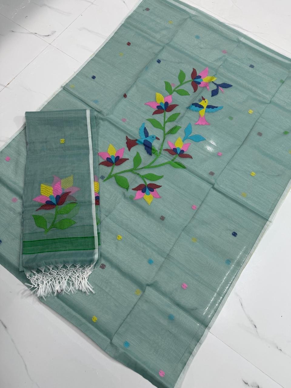 Premium Muslin Unstitched Suite with Avian Floral Jamdani & Shimmering Gold Borders