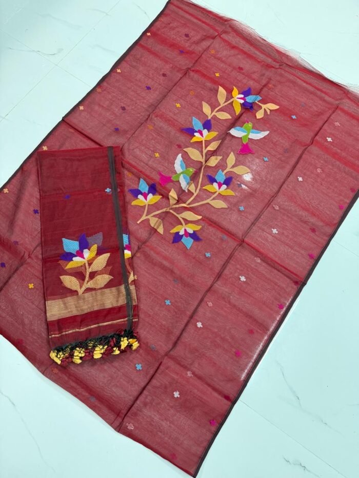 Premium Muslin Unstitched Suite with Avian Floral Jamdani & Shimmering Gold Borders