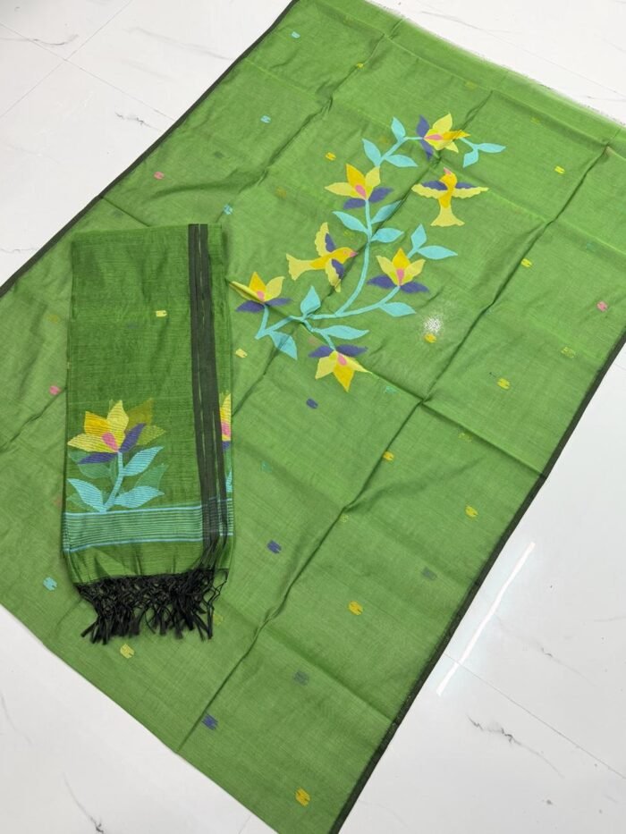 Premium Muslin Unstitched Suite with Avian Floral Jamdani & Shimmering Gold Borders