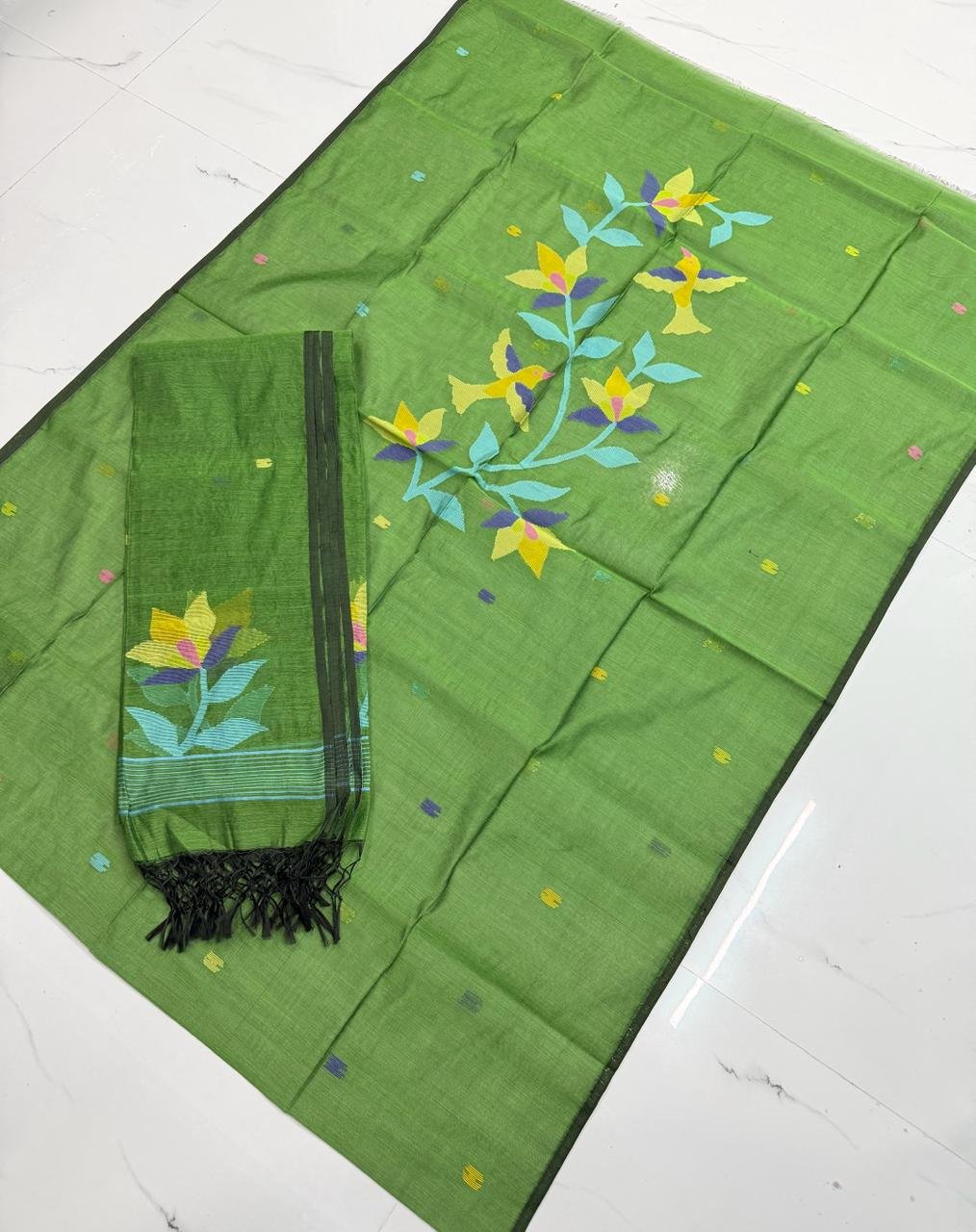 Premium Muslin Unstitched Suite with Avian Floral Jamdani & Shimmering Gold Borders