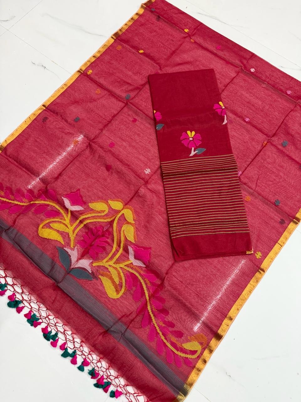 Premium Muslin Unstitched Suite with Intricate Floral Jamdani Pallu & Tasseled Dupatta