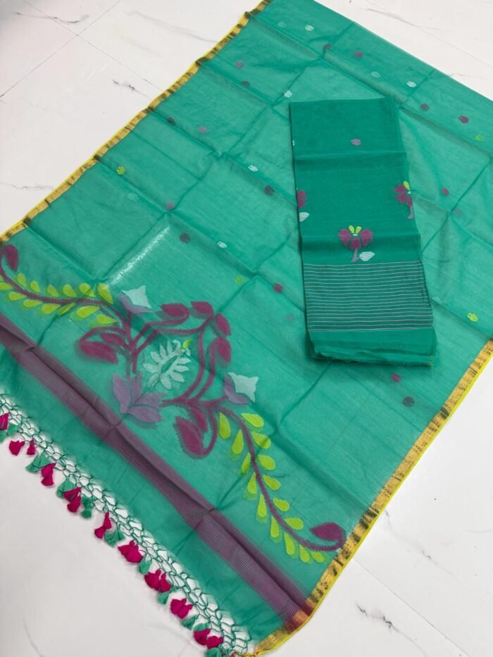 Premium Muslin Unstitched Suite with Intricate Floral Jamdani Pallu & Tasseled Dupatta
