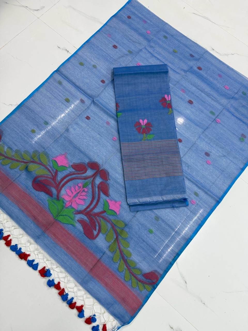 Premium Muslin Unstitched Suite with Intricate Floral Jamdani Pallu & Tasseled Dupatta
