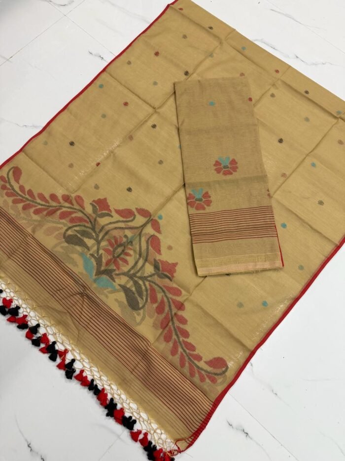 Premium Muslin Unstitched Suite with Intricate Floral Jamdani Pallu & Tasseled Dupatta