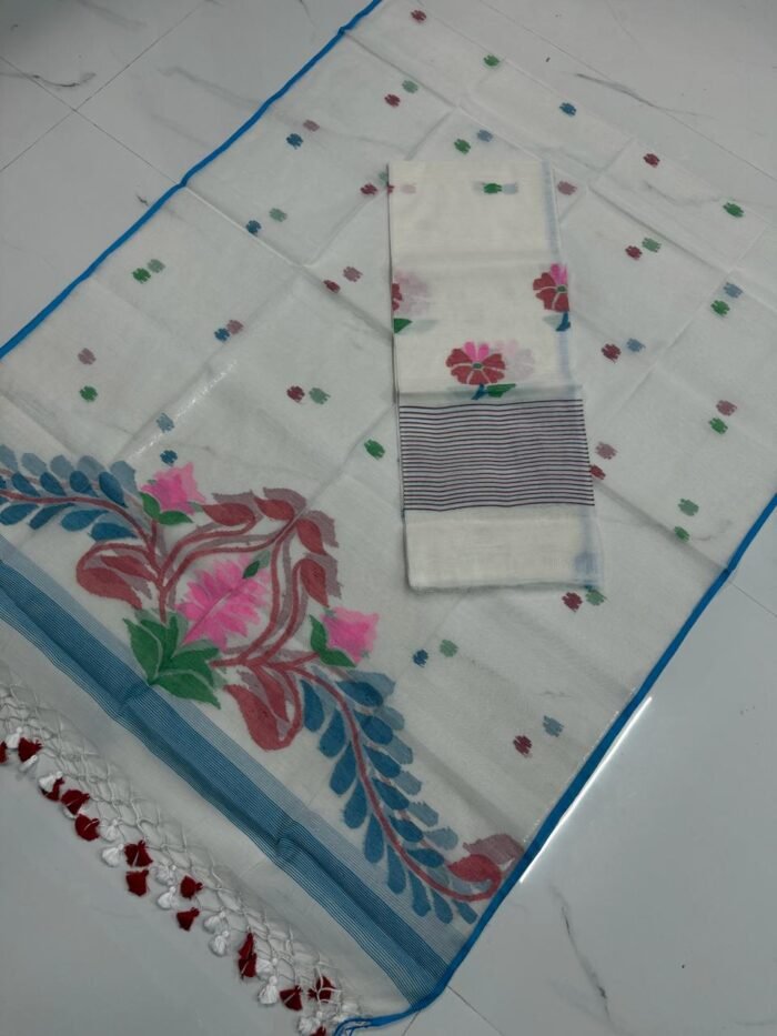Premium Muslin Unstitched Suite with Intricate Floral Jamdani Pallu & Tasseled Dupatta