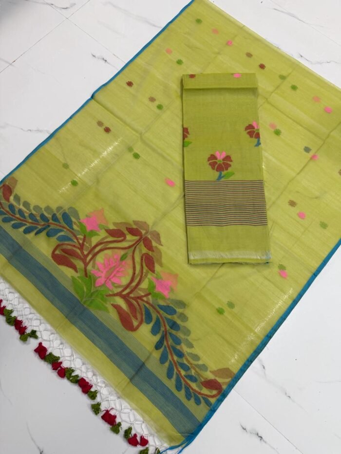 Premium Muslin Unstitched Suite with Intricate Floral Jamdani Pallu & Tasseled Dupatta