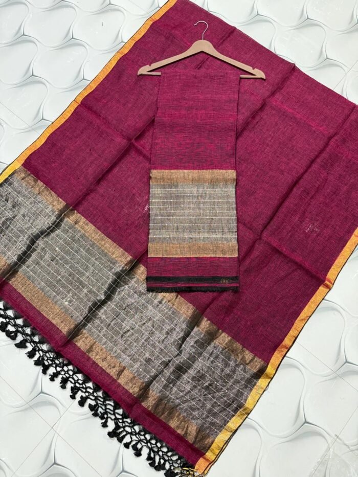 Elegant Pure Linen Top with Zari Border Dupatta Set