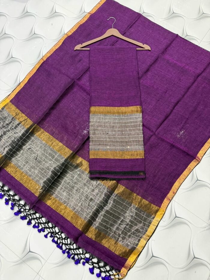 Elegant Pure Linen Top with Zari Border Dupatta Set