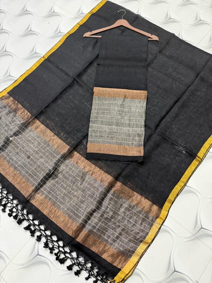 Elegant Pure Linen Top with Zari Border Dupatta Set