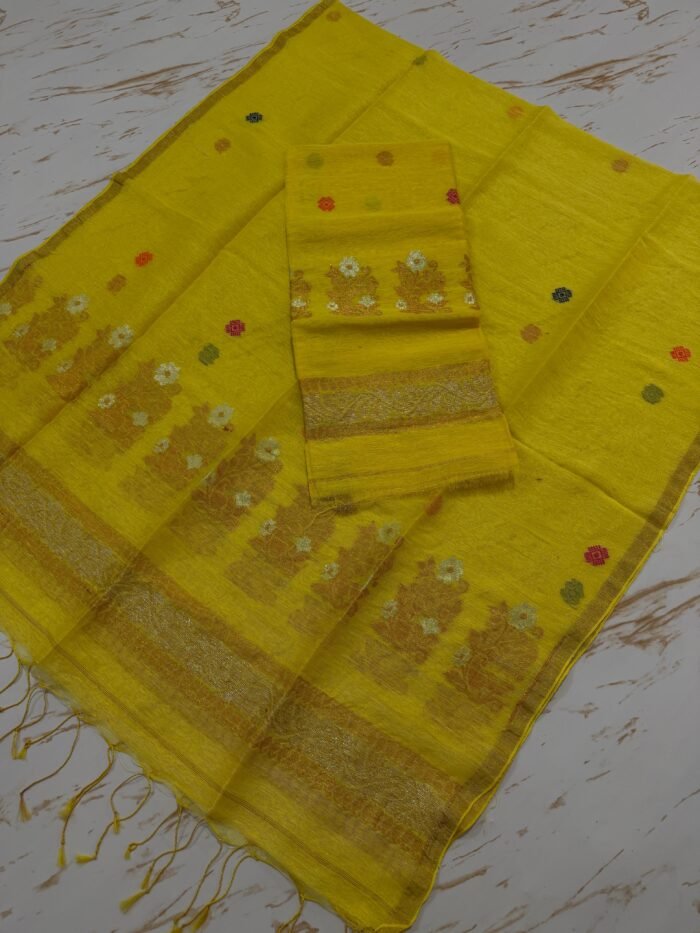 Elegant Pure Silk Linen Top & Dupatta Set with Zari Border
