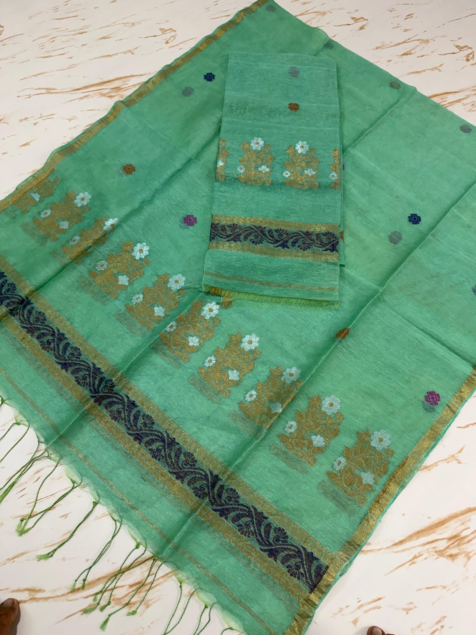 Elegant Pure Silk Linen Top & Dupatta Set with Zari Border