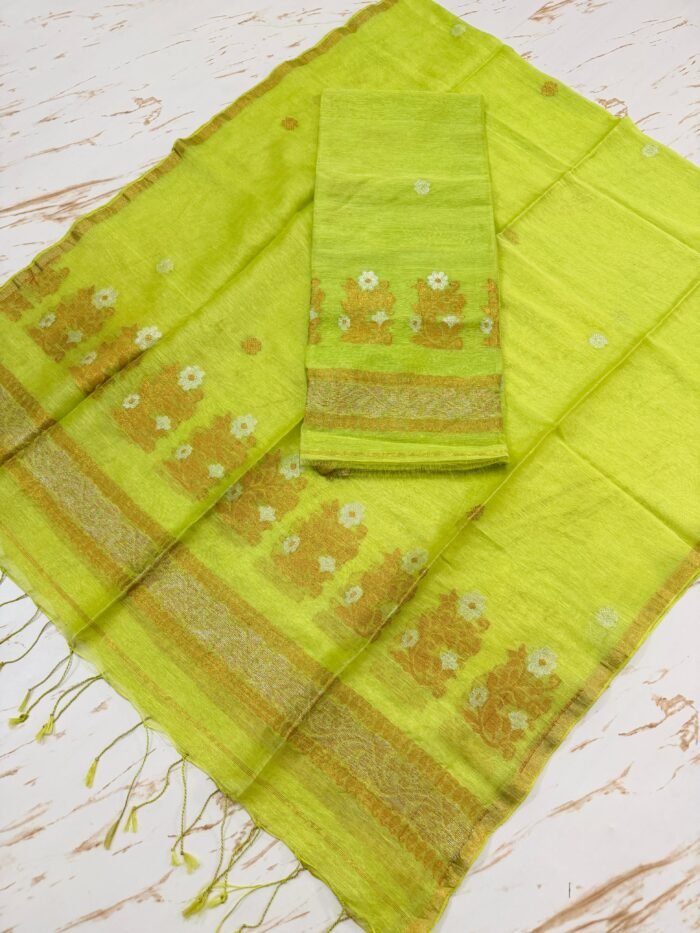 Elegant Pure Silk Linen Top & Dupatta Set with Zari Border