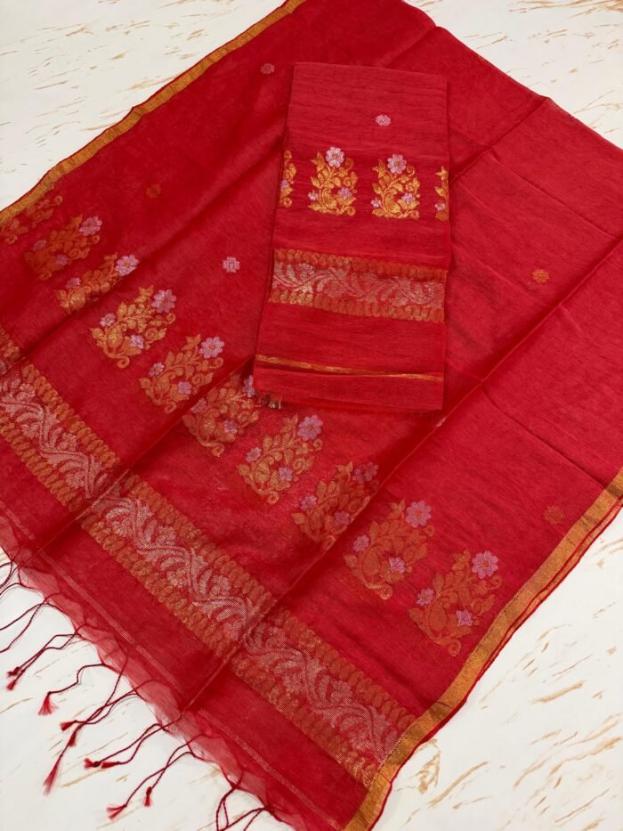 Elegant Pure Silk Linen Top & Dupatta Set with Zari Border